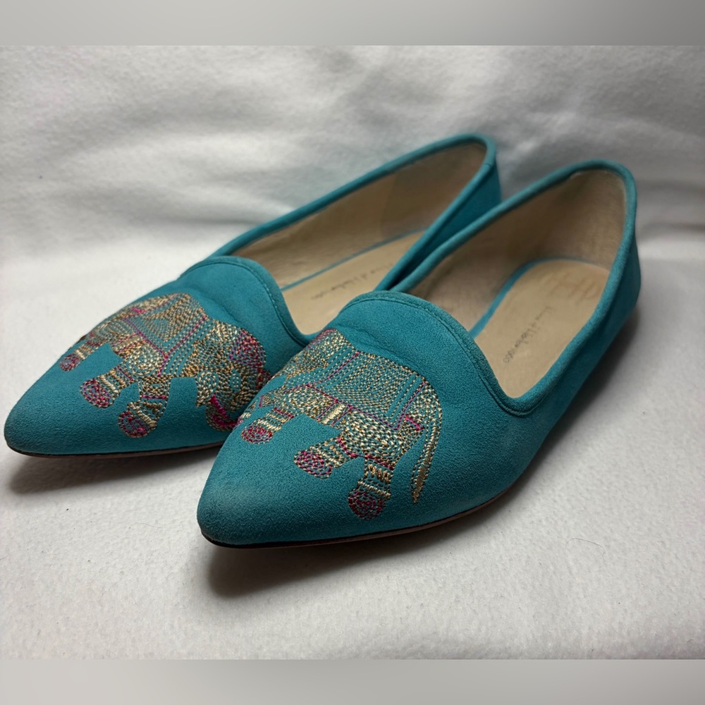 House of Harlow Elephant Embroidered pointed flat, bohemian, hippie, blue, teal
